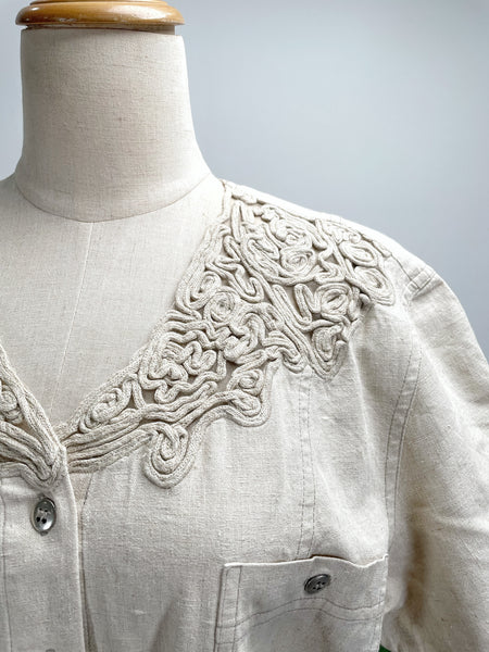 { Rare Find } Vintage 80s Together! Linen Blend Crochet Lace Accent Midi Dress