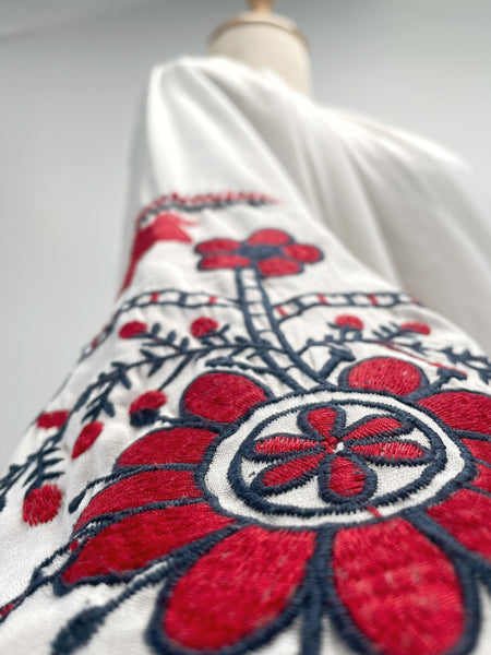 Vintage 1960s 1970s Hippie style Embroidered Boho Tunic Dress - Off-White Cotton Blend | {Rare Find}