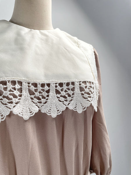 Amy Anne | Vintage 1980s-does-1900s Victorian-style lace bib khaki beige dress