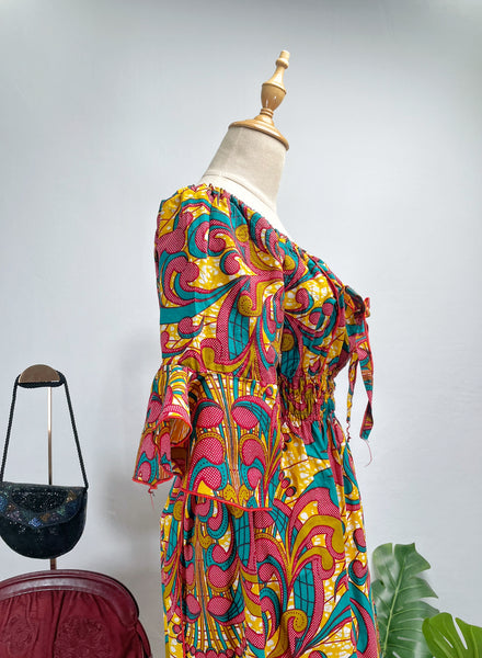Vintage 70s Psychedelic Print Off-Shoulder Midi Dress | Kaen |