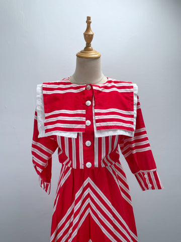 Must-Have! | Alicia | Vintage 1980s-does-1930s Sailor Collar red white chevron strips dress | Size XS-S