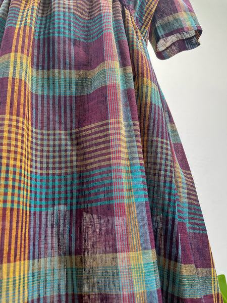 Vintage 1960s 1970s Plaid Midi Dress with Mandarin Collar and Elastic Waist