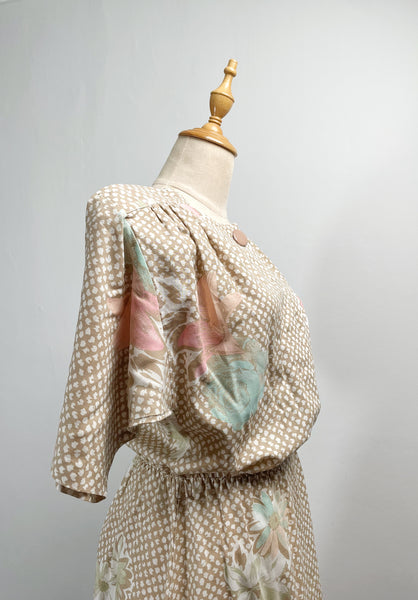 Lillian | Vintage 1980s big button eggshell beige dress with floral motif