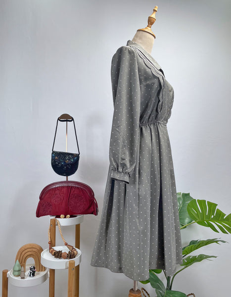 Vintage 60s 70s Light grey Polka Dot Midi Dress with Scalloped Bib Details