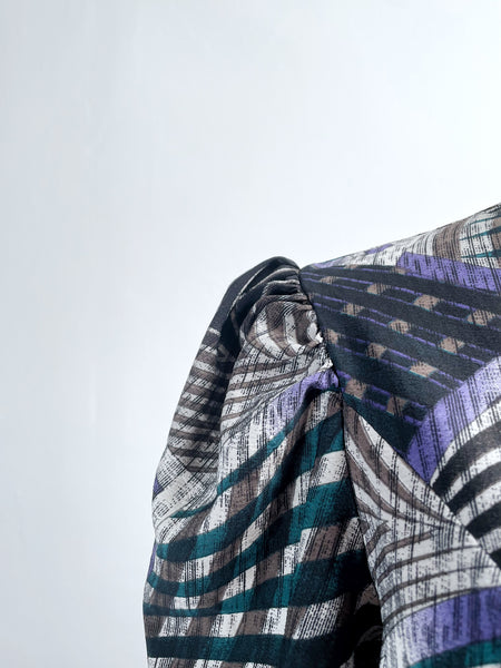 Noelle | Vintage 1970s geometric swirl print dress with matching fabric buttons