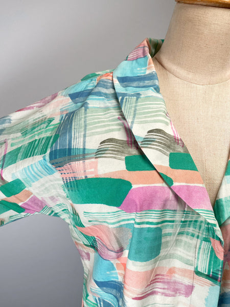 Frances | Vintage 1980s-does-1940s pastel watercolour print large collared fitted silhouette dress with pockets