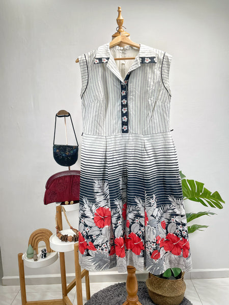 1950s 1960s floral tri-Color pinstripe sleeveless dress | Saffri |