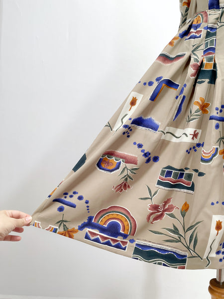 Emily | Vintage 1980s Fletcher Jones Australia novelty abstract print pleated button-down dress