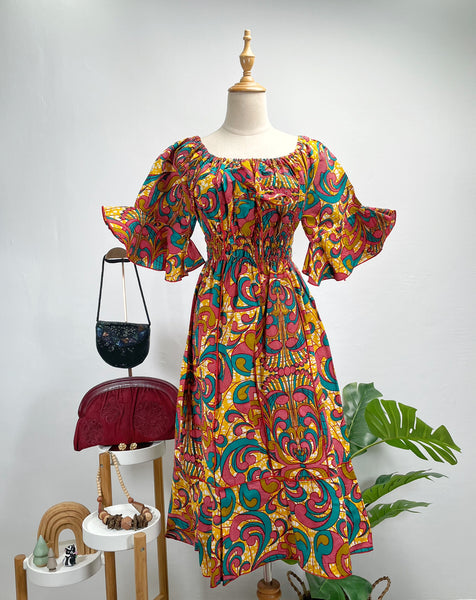 Vintage 70s Psychedelic Print Off-Shoulder Midi Dress | Kaen |