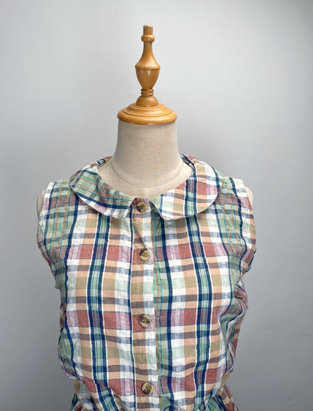 Daphne | Vintage 1980s cheesecloth sleeveless plaid dress with Peter Pan collar and pockets