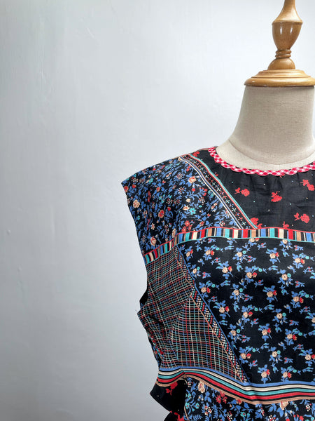 Artie | Vintage 1960s 1970s mixed print floral and grid lines geometric dress