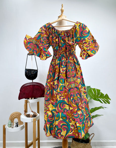 Vintage 70s Psychedelic Print Off-Shoulder Midi Dress | Kaen |