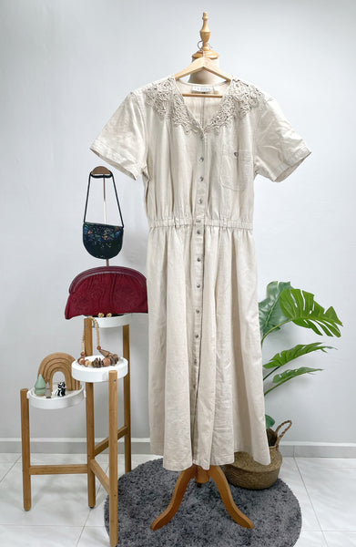 { Rare Find } Vintage 80s Together! Linen Blend Crochet Lace Accent Midi Dress