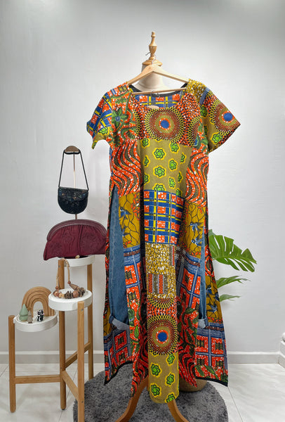 Vintage Vibrant African Wax Batik Print High-Slit Maxi Tunic / Kaftan Dress
