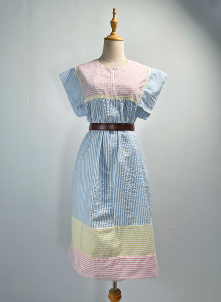 Must Have ! | Lainey | Vintage 1960s 1970s Pastel cheesecloth fabric striped dress shorter with cap sleeves