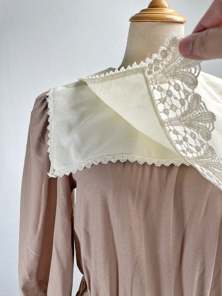 Amy Anne | Vintage 1980s-does-1900s Victorian-style lace bib khaki beige dress