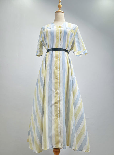 Sal | Vintage 1980s light grey yellow pastel blue fit-and-flare dress (Copy)