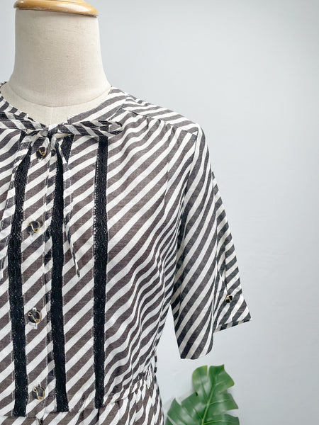 Vintage 60s 70s Striped Black and white Midi Dress | A-Line Lace Trim Day Dress