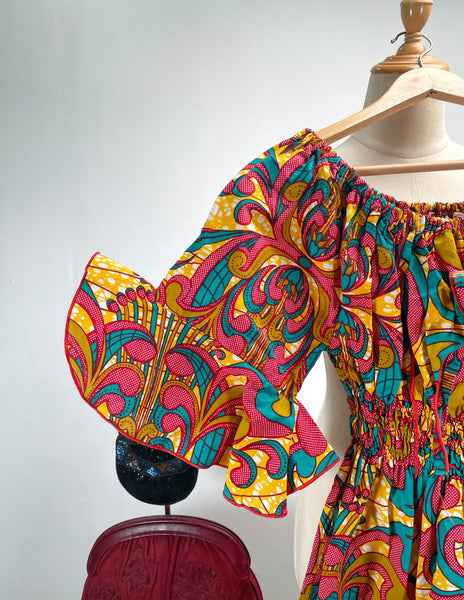 Vintage 70s Psychedelic Print Off-Shoulder Midi Dress | Kaen |