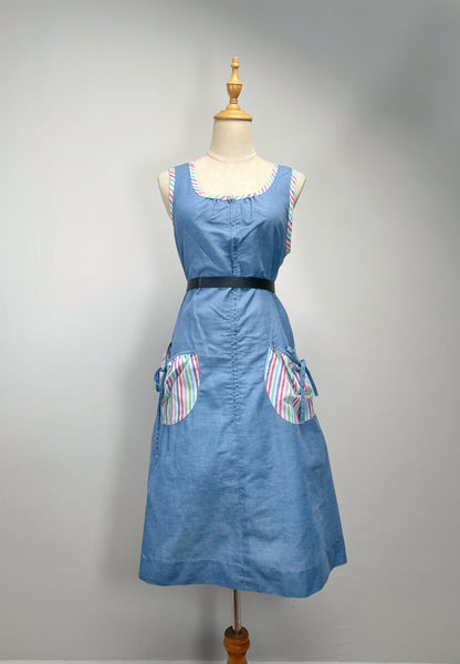 Maedi | Vintage 1950s 1960s soft cotton-mix Chambray easy-wear dress with striped binding and pockets