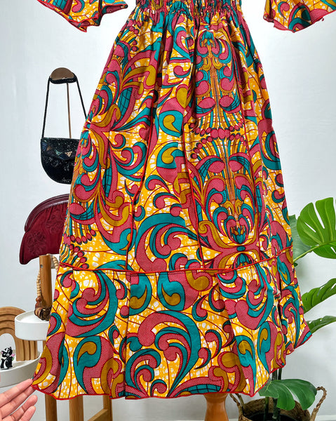 Vintage 70s Psychedelic Print Off-Shoulder Midi Dress | Kaen |