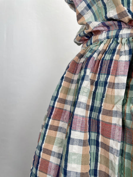 Daphne | Vintage 1980s cheesecloth sleeveless plaid dress with Peter Pan collar and pockets
