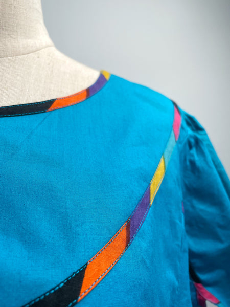 Tully | Vintage 1960s 1970s turquoise blue multicolour trim tulip-sleeves maxi dress with pockets