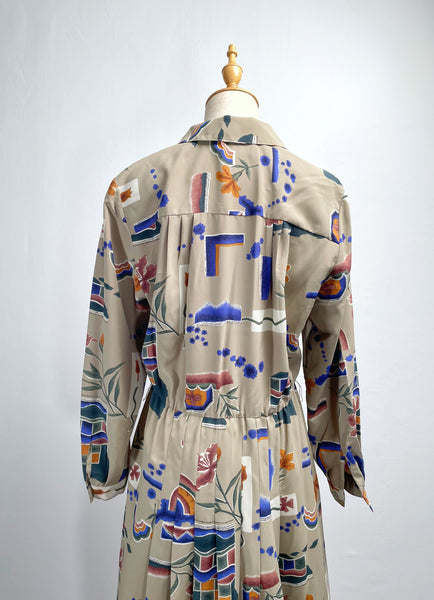 Emily | Vintage 1980s Fletcher Jones Australia novelty abstract print pleated button-down dress