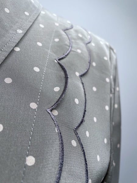 Vintage 60s 70s Light grey Polka Dot Midi Dress with Scalloped Bib Details