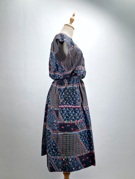 Artie | Vintage 1960s 1970s mixed print floral and grid lines geometric dress