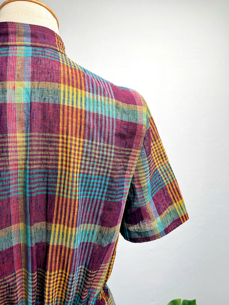 Vintage 1960s 1970s Plaid Midi Dress with Mandarin Collar and Elastic Waist