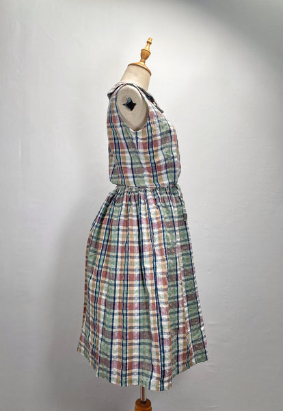 Daphne | Vintage 1980s cheesecloth sleeveless plaid dress with Peter Pan collar and pockets
