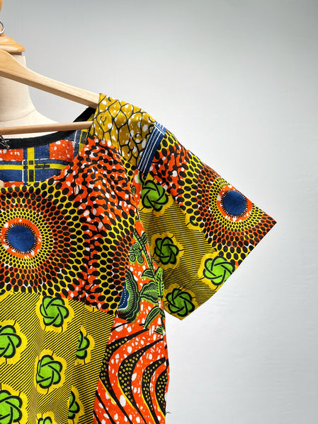 Vintage Vibrant African Wax Batik Print High-Slit Maxi Tunic / Kaftan Dress