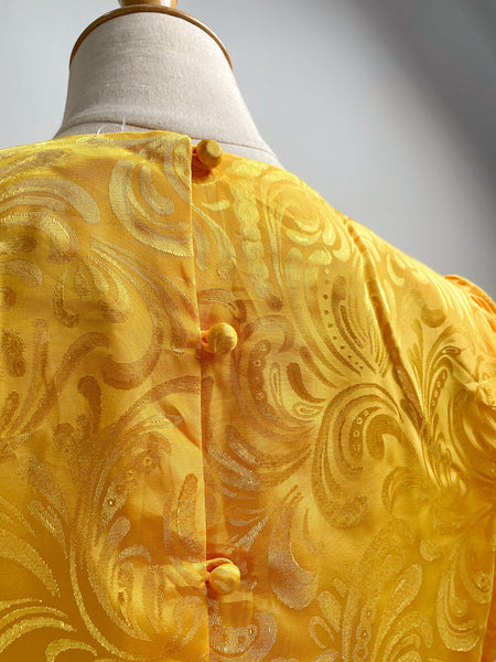 Must-have | Florence | Vintage 1960s 1970s embossed Royal Yellow satin like dress with Tulip sleeves