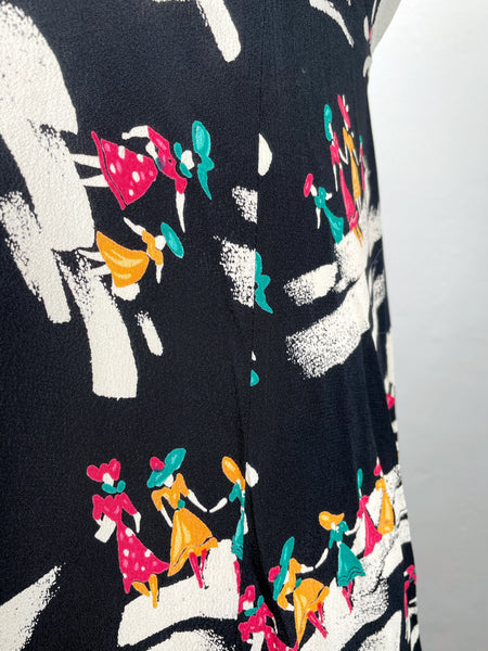 Gaia | Vintage 1940s novelty print fashion girls flared dress with belt tie