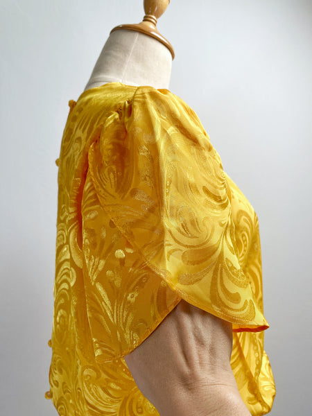 Must-have | Florence | Vintage 1960s 1970s embossed Royal Yellow satin like dress with Tulip sleeves