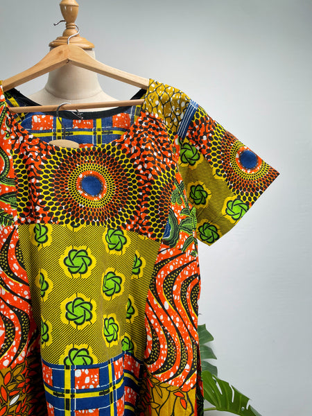 Vintage Vibrant African Wax Batik Print High-Slit Maxi Tunic / Kaftan Dress