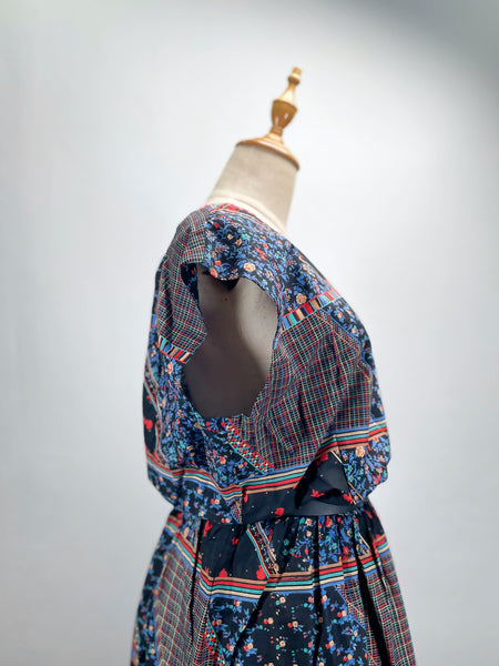 Artie | Vintage 1960s 1970s mixed print floral and grid lines geometric dress