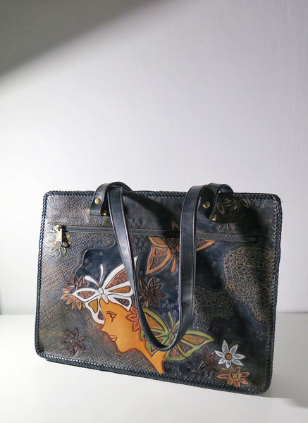 Vintage 60s 70s leather tooled tote bag butterfly flower power hippie boho style