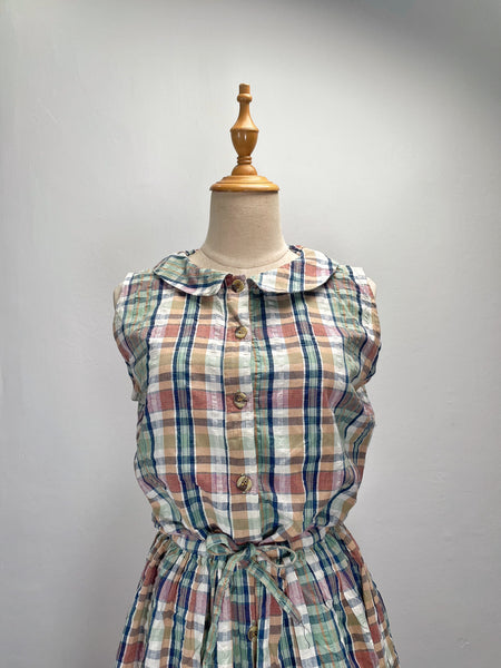 Daphne | Vintage 1980s cheesecloth sleeveless plaid dress with Peter Pan collar and pockets