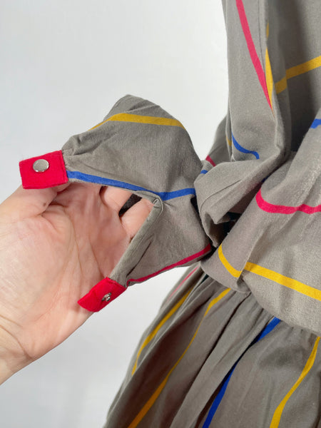 Zian | Vintage 1980s red-trimmed mini swan-collar multi-colored stripes cotton dress