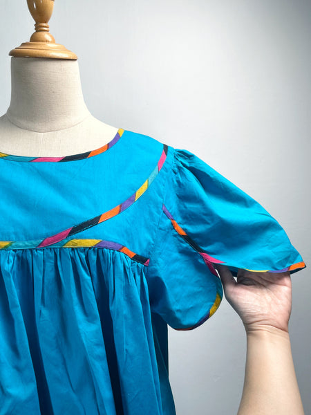 Tully | Vintage 1960s 1970s turquoise blue multicolour trim tulip-sleeves maxi dress with pockets
