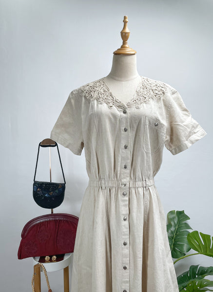 { Rare Find } Vintage 80s Together! Linen Blend Crochet Lace Accent Midi Dress
