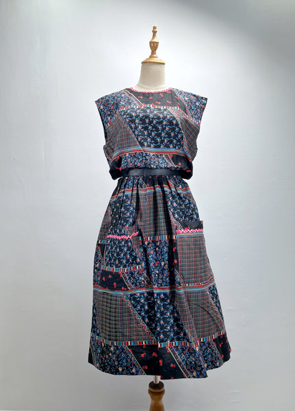 Artie | Vintage 1960s 1970s mixed print floral and grid lines geometric dress