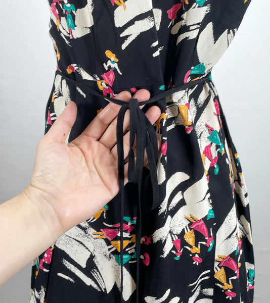Gaia | Vintage 1940s novelty print fashion girls flared dress with belt tie