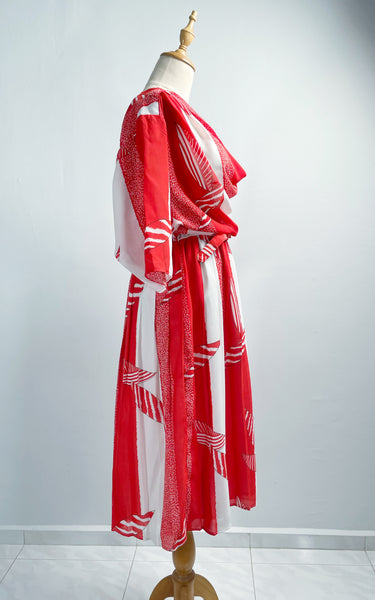 Sasha | Vintage 1980s cowl-neck flowy chiffon geometric print dress