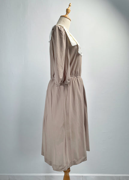 Amy Anne | Vintage 1980s-does-1900s Victorian-style lace bib khaki beige dress