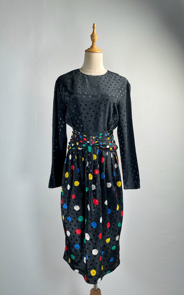 Alice | Signature Vintage 1980s Polka dots everywhere ruched waist cocktail dress