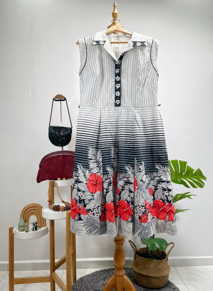 1950s 1960s floral tri-Color pinstripe sleeveless dress | Saffri |