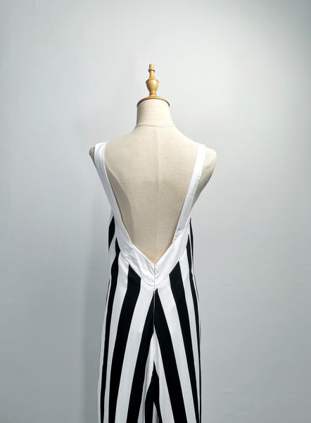 Sloane | Vintage 1990s 2000s vertical black and white monochrome thick strap maxi column dress with V back